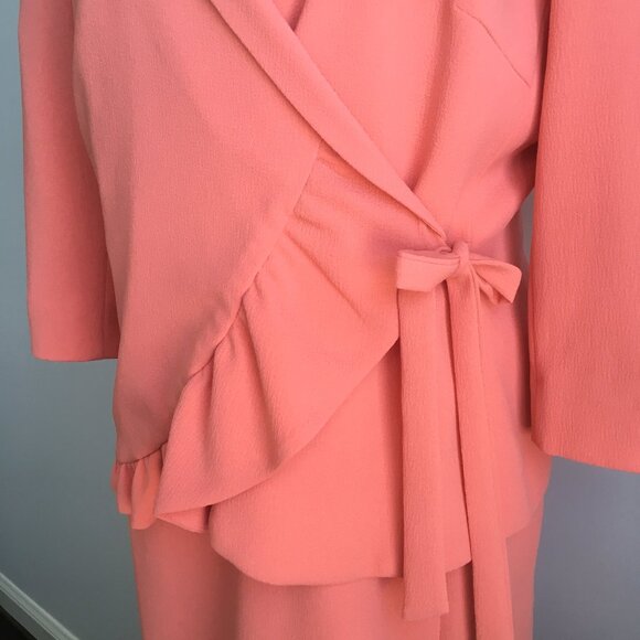 Sharagano Noir Peach Ruffle Wrap Crepe Blazer Suit Jacket 12 V Neck Work - Picture 4 of 11
